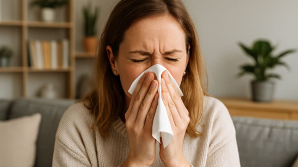 woman-sitting-on-sofa-sneezing-into-tissue-due-to-unspecified-allergic-reaction-at-home